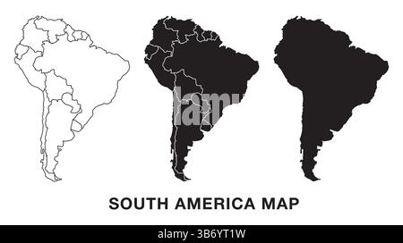 South America map set with administrative divisions, outline, and silhouette. Editable vector for infographics, presentations, and educational use. Stock Vector