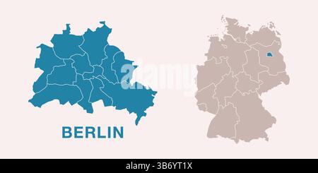 Detailed city map of Berlin, Germany with location highlighted on Germany map. Vector Germany map with regional divisions, isolated on background. Stock Vector