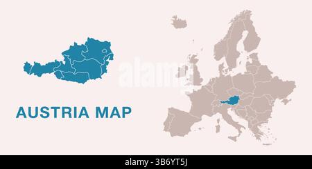 Map of Austria with administrative divisions and highlighted position on Europe map. Isolated on white background. Vector illustration. Stock Vector