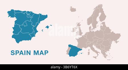 Map of Spain with administrative divisions and highlighted position on Europe map. Isolated on white background. Vector illustration. Stock Vector