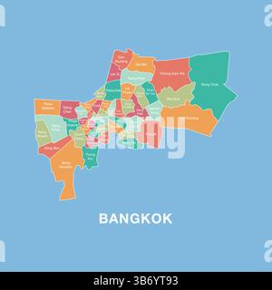 Colorful map of Bangkok, Thailand with labeled administrative districts. Vector illustration isolated on blue background. Stock Vector