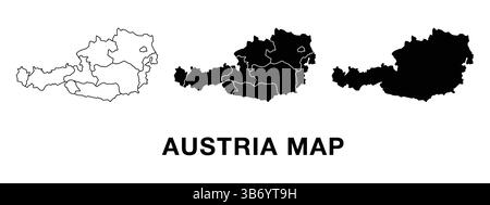 Austria map set with administrative divisions, outline, and silhouette. Editable vector for infographics, presentations, and educational use. Stock Vector