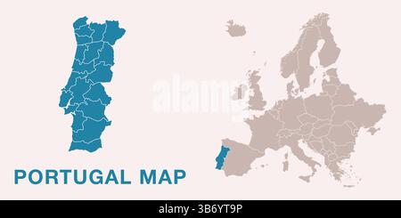 Map of Portugal with administrative divisions and highlighted position on Europe map. Isolated on white background. Vector illustration. Stock Vector