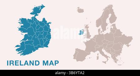 Map of Ireland with administrative divisions and highlighted position on Europe map. Isolated on white background. Vector illustration. Stock Vector