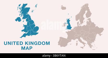 Map of United Kingdom with administrative divisions and highlighted position on Europe map. Isolated on white background. Vector illustration. Stock Vector