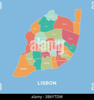 Colorful map of Lisbon, Portugal with labeled administrative districts. Vector illustration isolated on blue background. Stock Vector