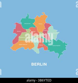 Colorful map of Berlin, Germany with labeled administrative districts. Vector illustration isolated on blue background. Stock Vector