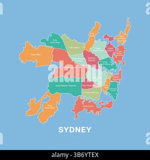 Colorful map of Sydney, Australia with labeled administrative districts. Vector illustration isolated on blue background. Stock Vector