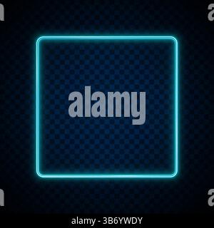 Neon square. Light glow box blue color isolated on dark background. Illuminated frame for design print. Abstract digital border. Glowing sign. Flare Stock Vector