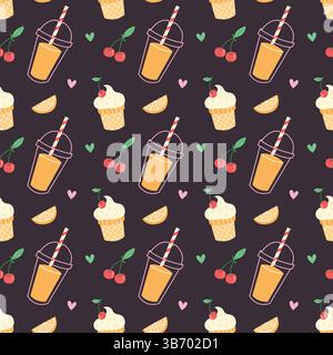 Cute Seamless Summer Pattern with Ice Cream, Juice and Fruits on Dark Background Stock Vector