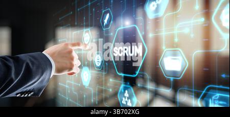 Businessman presses a button Scrum process software development outline concept. Stock Photo