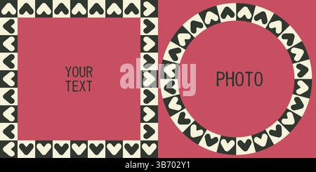Decorative geometric frame set. Cute lovely heart, checkered ornament. Square, circle shape background, black white vintage colour text space, modern Stock Vector