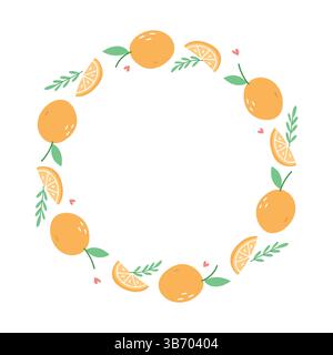 Cute Orange Fruit Wreath Frame in Hand Drawn Style on White Background Stock Vector