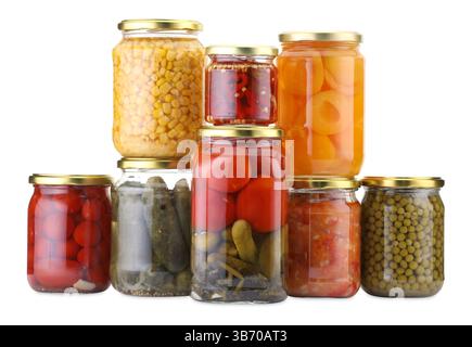 Many jars with different pickled products isolated on white Stock Photo