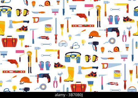Building tools construction equipment seamless pattern. Hardware for repair finishing works house construction industry trendy boundless background. Endless design paper print, fabric wrapper template Stock Vector