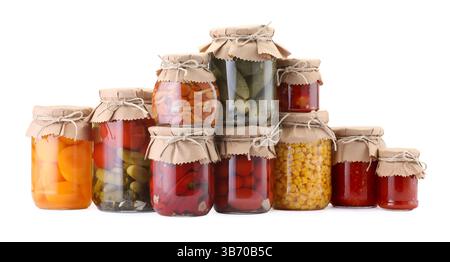 Many jars with different pickled products isolated on white Stock Photo