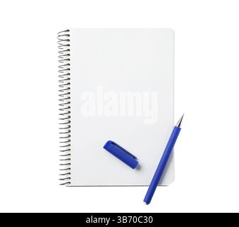 Pen and open notebook isolated on white, top view Stock Photo