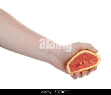 Woman squeezing grapefruit on white background, closeup Stock Photo