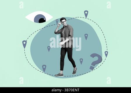 Poster trend collage of person stand on teal background with all seeing eye question mark Stock Photo