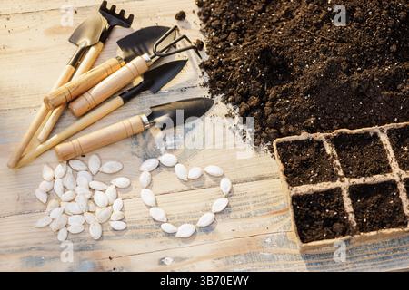 Gardening tools, soil, and pumpkin seeds arranged with love on wooden background, ready for spring planting. Stock Photo