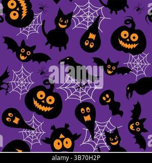 Halloween themed illustrations with pumpkins, ghosts, bats and spiders Stock Vector