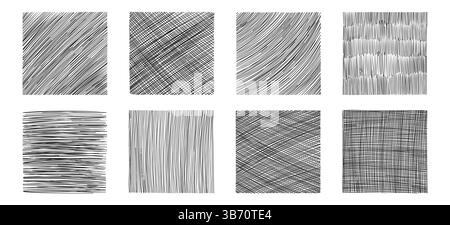 Pencil shaded squares. Pen stroke scribble, hand drawn scrawl sketch texture and line sketched background vector set of pencil stroke square scribble Stock Vector