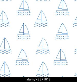 Blue yacht seamless pattern on white background. Doodle yacht Stock Vector