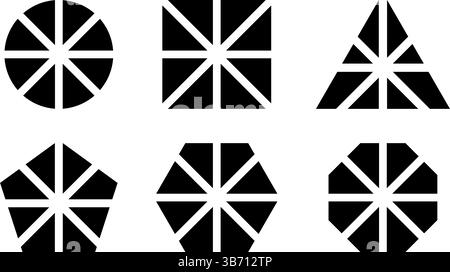 Geometric shapes divided into 8 parts isolated on white background. Round, square and triangle, pentagon, hexagon and octagon shapes cut in eight equal slices. Vector graphic illustration. Stock Vector