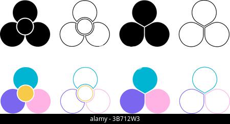 Set of flowers with 3 petals. Floral pie charts divided on three equal fragments in leaf shapes isolated on white background. Fan, propeller or pinwheel toy silhouettes. Vector graphic illustration. Stock Vector