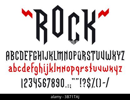 Heavy metal rock music font, musical type letters, punk typeface alphabet. Hard rock music band tattoo font vector typography set of grunge black red Stock Vector