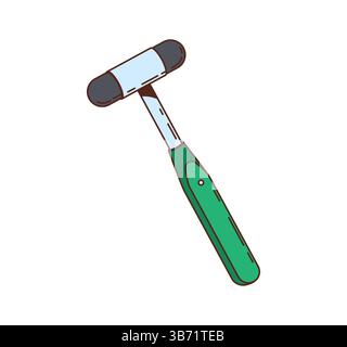 Cartoon groovy reflex hammer with a green handle and a dual sided rubber head. Vector medical tool used by doctors to test deep tendon reflexes and ne Stock Vector