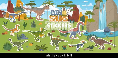Prehistoric era dinosaur characters sticker pack. Vector patches set of dino animals in Jurassic era landscape with mountains, trees, ferns or waterfa Stock Vector
