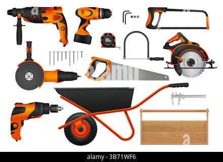Construction diy tools set. Realistic 3d vector woodworking drill, saw, wheelbarrow and measuring instruments in orange and black. Essential equipment for carpentry, home improvement and diy projects Stock Vector