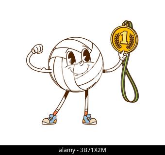 Cartoon retro groovy volleyball ball character celebrating victory, holds a gold medal with number one, flexing its arm in pride, symbolizing success, sportsmanship, and achievement in a powerful pose Stock Vector