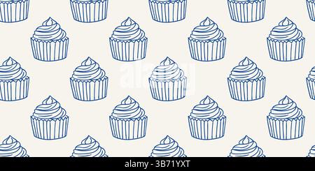 Detailed blue line art of cupcakes displayed in a repeating pattern on a light background Stock Vector
