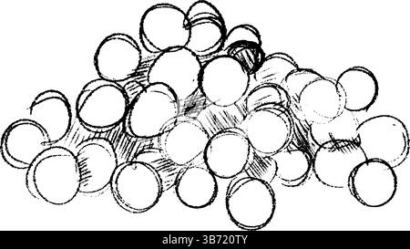 A large pile of circular metal rings that display their shiny, reflective surfaces and come in various sizes. Hand drawn vector graphics, black and white line art isolated on white background. Stock Vector