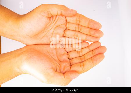 open human hands cupped together photographed on white background in gesture of offering or receiving. High quality photo Stock Photo