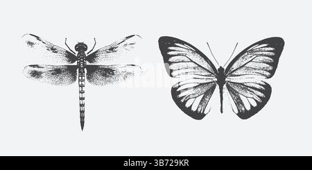 Dragonfly and butterfly for grunge punk Y2K collage design with halftone stipple effect. Stock Vector