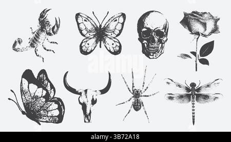 Creepy Halloween Scorpion, spider, butterflies, Skull, Dragonfly, collage element with vintage stippling photocopy effect. with experimental grunge do Stock Vector