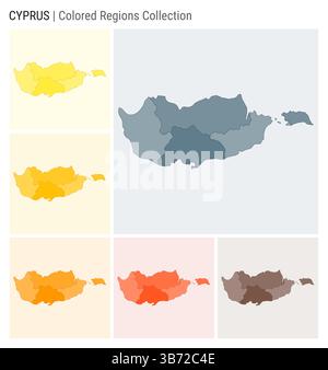 Cyprus map collection. Country shape with colored regions. Blue Grey, Yellow, Amber, Orange, Deep Orange, Brown color palettes. Stock Vector