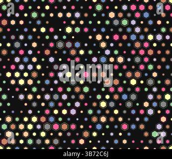 Minimal geometric background. Multicolored geometric elements of varied size. Rounded hexagons mosaic pattern with inner solid cells. Stock Vector