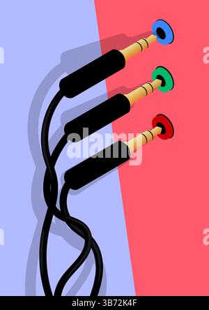 Audio cables are plugged into stereo system jacks before the party starts. Connecting music stereo system to speakers. Vertical minimalistic vector co Stock Vector