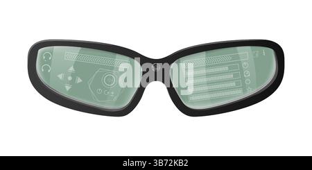 Futuristic augmented reality glasses displaying control buttons, audio player interface, and other interactive elements, showcasing the potential of w Stock Vector