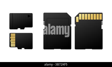 Micro SD and SD memory cards on white background, varying sizes and formats, technology and data storage Stock Vector