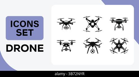 Drone Icon Set – Black Silhouette Quadcopters and Aerial Photography Drone Vector Illustrations Stock Vector