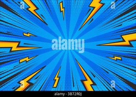 Cartoon comic background with lightnings. Pop art graphic with halftone effect and radial thunders. Blue abstract vector illustration with flash light Stock Vector