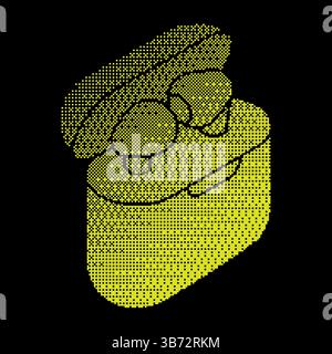 Pixel headphones in case halftone silhouette icon. Wireless headphones in protective charging case with cover. Portable device for listening to music. Stock Vector