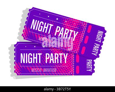Realistic paper night party tickets. Perforated paper ticket for admission to music festival private party. Vector isolated on white background Stock Vector