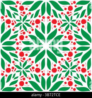 Repeating geometric mosaic leaves and ripe red cherries seamless pattern. Simple graphic design for for printing on fabrics and templates. Trendy geom Stock Vector
