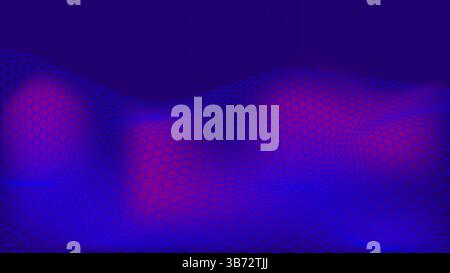 Abstract neon high tech gradient background with mesh wavy texture. Digital grid of hexagonal cells sways and glows fluorescent blue and purple from w Stock Vector
